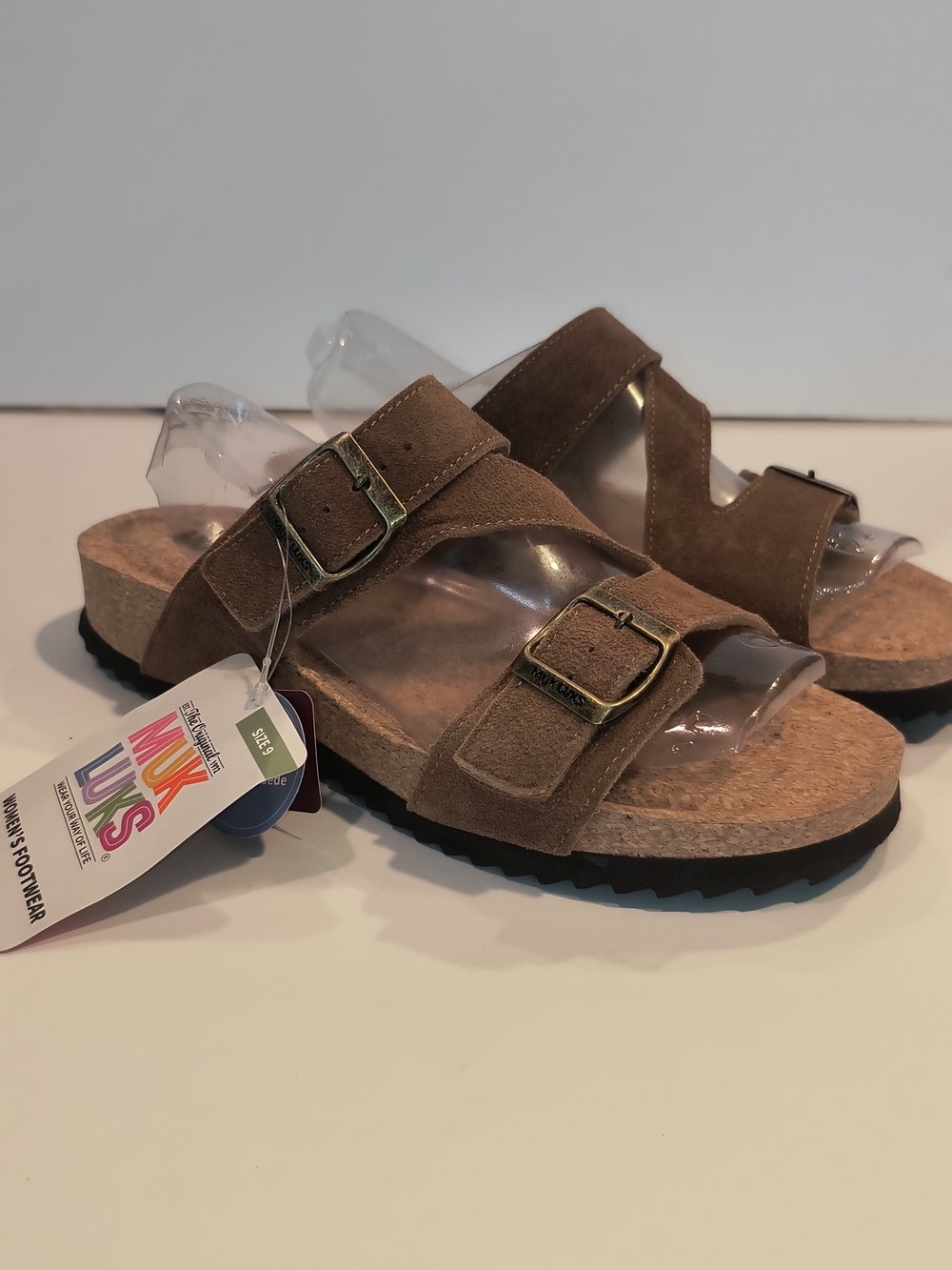 NWT MUK LUKS Poppy Suede Double Buckle Slide Sandals Cognac Brown Women's Size 9